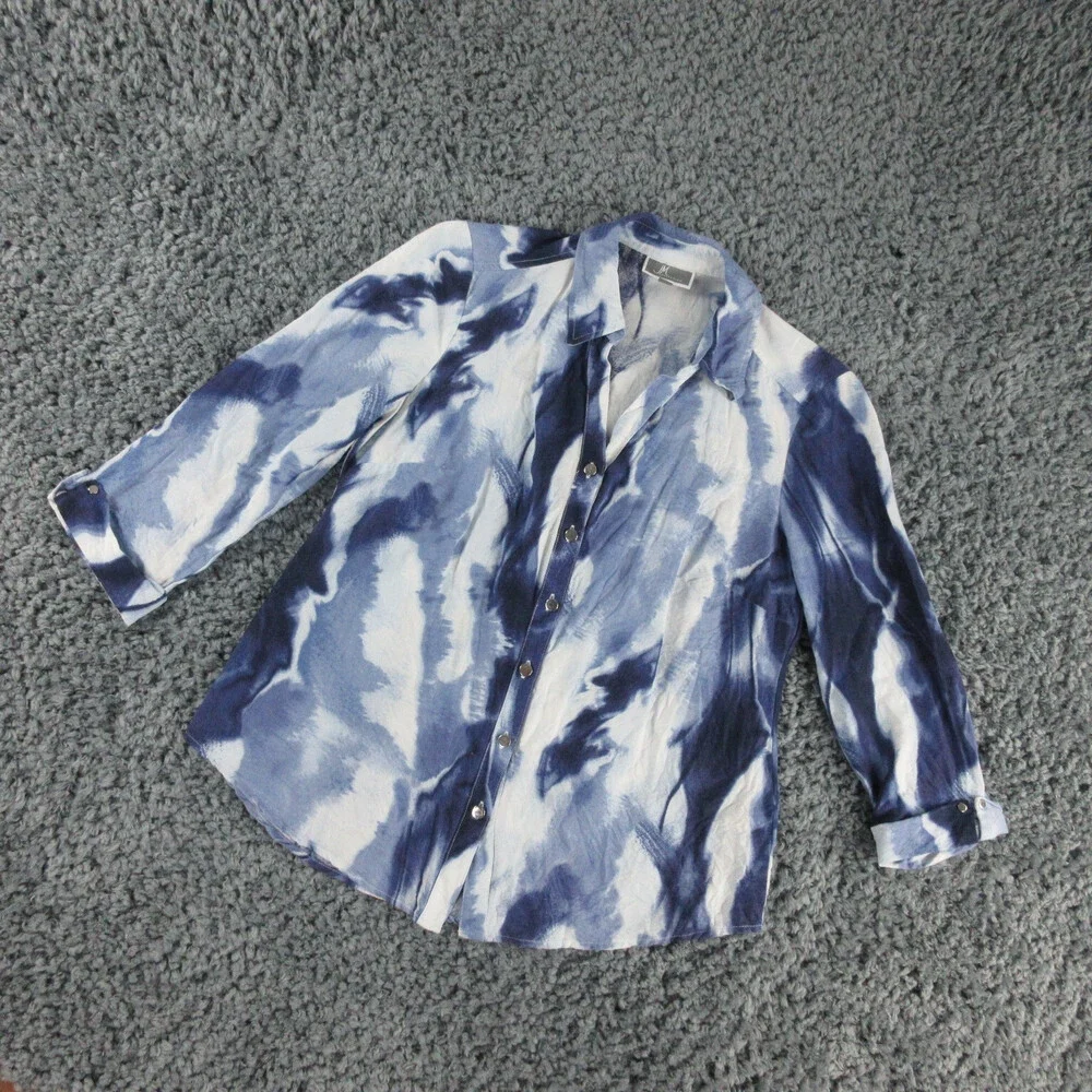 JM Collection Shirt Womens 6 Blue White Linen Blend 3/4 Sleeve Button Up